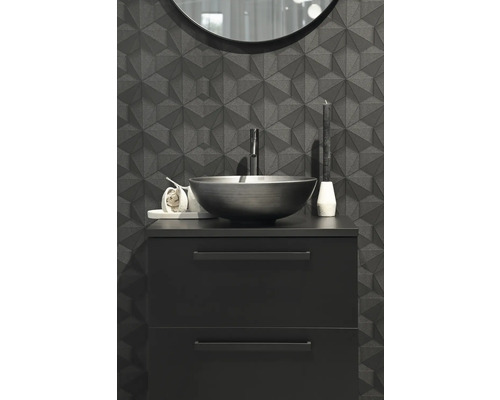 Modernt badrum med tvättställsskål, blandare och 3D-väggpaneler