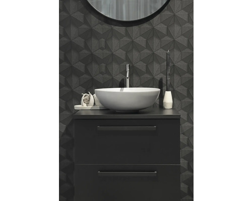 Modern badrumsmöbel med tvättställsskål, underskåp med lådor och strukturerad vägg