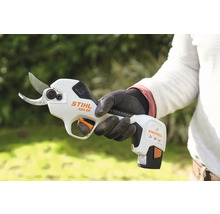 En person håller en Stihl ASA 20 batteridriven sekatör i handen.