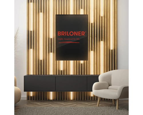 Vardagsrum med träpanelvägg med integrerad belysning, svart medieskåp och fåtölj. En Briloner-logotyp hänger på väggen.