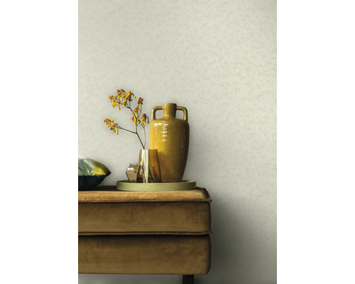 Scen med en beige väggbakgrund, en beige sammetssoffa, en bricka, vaser och en blomma