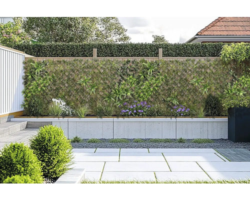 Trädgårdsscen med insynsskydd, planterad mur och stenlagd golv