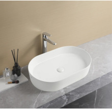 Oval tvättställ med blandare på en bänkskiva i badrummet.