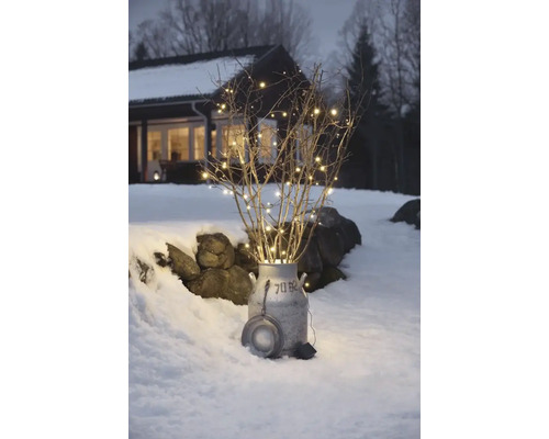 Dekorativa grenar med ljusslinga i en mjölkkanna i snön