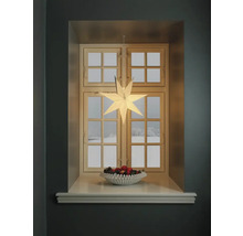 Festlig fönsterdekoration med upplyst stjärna, fruktskål och utsikt över ett vinterlandskap