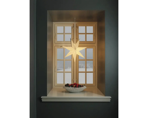 Festlig fönsterdekoration med upplyst stjärna, fruktskål och utsikt över ett vinterlandskap