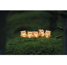 Fem lysande ugglafigurer av plast på en mossig yta.