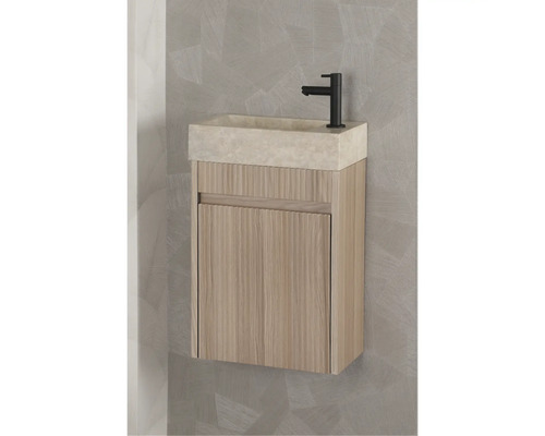 Tvättställ med underskåp, armatur och trästruktur