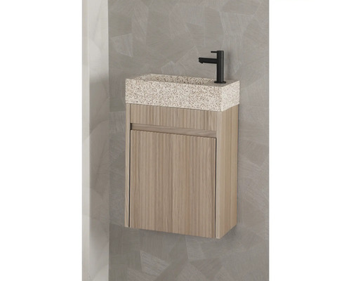 Tvättställ med underskåp, tvättställsskiva i terrazzostil och svart armatur