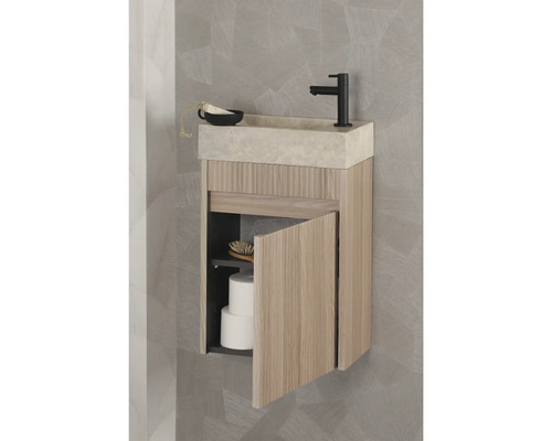 Tvättställskombination med öppet underskåp för badrummet.