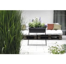 Blomlåda med stativ och plantering på terrassen