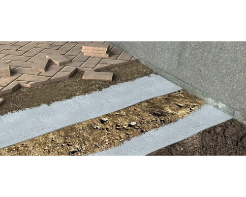 Illustration av en trottoarkonstruktion med gatstenar, grus och grund