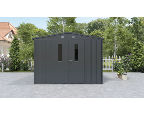 Trädgårdsbod i metall med dubbeldörr och fönster