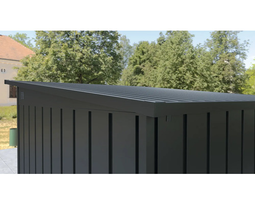 Detaljvy av ett trädgårdsförråd med pulpettak