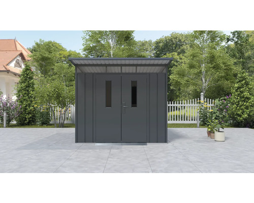 Metallförråd med dubbeldörr och överljusfönster för trädgården