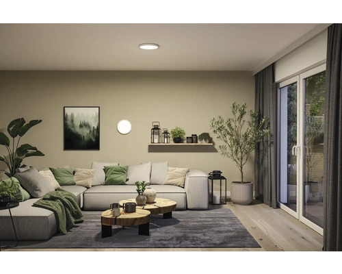 Vardagsrum med soffa, soffbord, krukväxter och taklampa