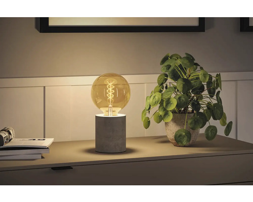 Dekorativ bordslampa med betongfot och retroglödlampa bredvid en krukväxt på ett bord