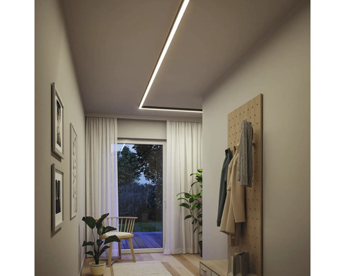 Hall med linjär taklampa, garderob och krukväxter