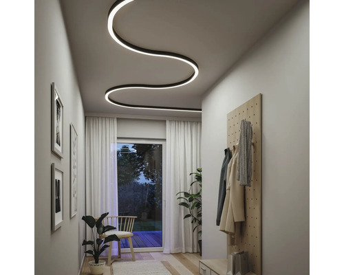 Hall med vågig taklampa, garderob och krukväxter