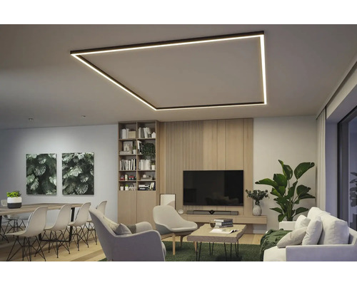 Modernt vardagsrum med rektangulär LED-taklampa, matbord och TV