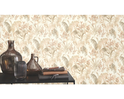 Dekorativ tapet med botaniskt mönster och bruna vaser