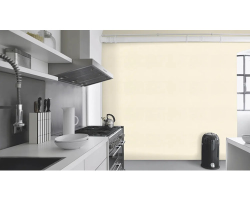 Ljust kök med diskho, spis, köksfläkt och soptunna