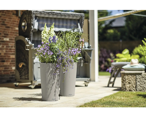 Två blomkrukor med blommor och en strandkorg i bakgrunden.
