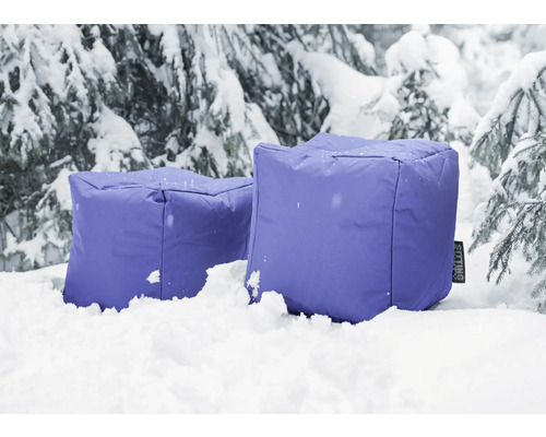 Två sittpuffar i snön framför snöiga träd