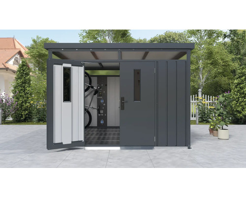 Metallförråd med öppna dörrar och cyklar