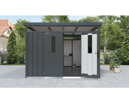 Redskapsbod i metall med öppen dörr och inblick inuti