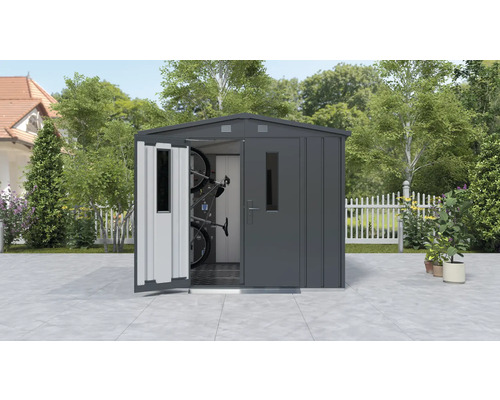 Redskapsbod i metall med öppen dörr och cyklar inuti