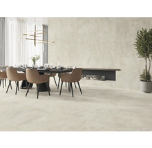 Ljus matsal med matbord, stolar, öppen spis och krukväxt