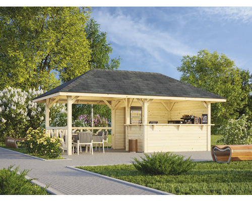 Trädgårdsbar i trä med tak och bord utomhus