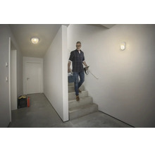 Hall med trappa, upplyst med taklampa och vägglampa