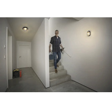 Hall med taklampa och vägglampa, man med verktygslåda i trappan