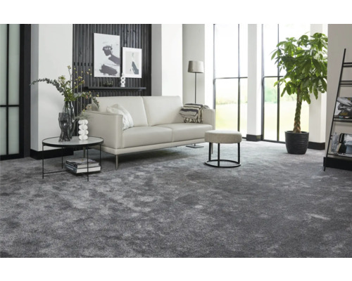 Vardagsrum med grå matta, soffa, bord och krukväxt