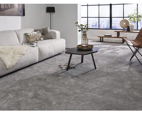 Vardagsrum med heltäckningsmatta, soffa och soffbord