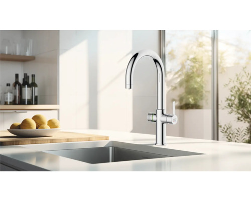 Köksscen med diskbänksblandare