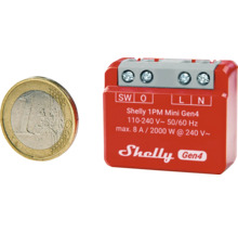 Shelly 1PM Mini Gen4 WiFi-omkopplare med euromynt för storleksjämförelse