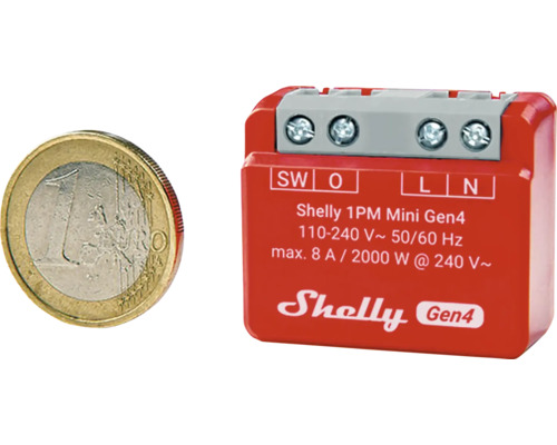 Shelly 1PM Mini Gen4 WiFi-omkopplare med euromynt för storleksjämförelse