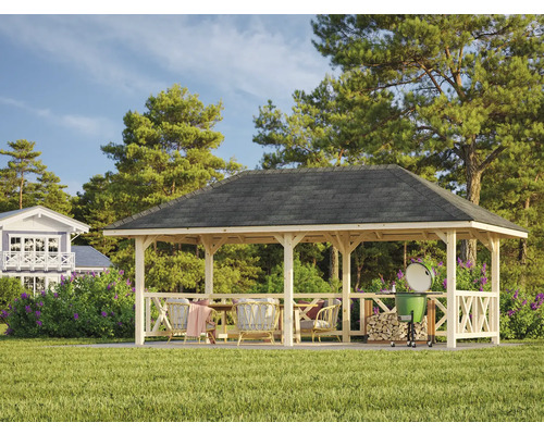 Trädgårdspaviljong i trä med möbler och grill i trädgården