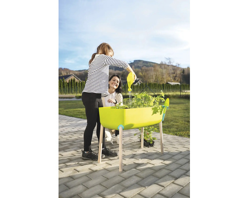 En person vattnar växter i en upphöjd rabatt med en vattenkanna medan en annan person tittar på. Trädgårdsarbete utomhus.