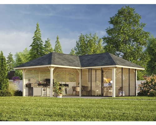 L-format paviljong med grillplats och sittgrupp i trädgården