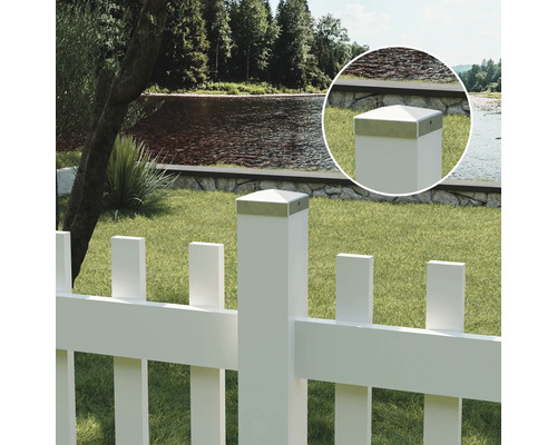 Vit staket med utsikt över floden och detaljvy av stängselstolpens lock