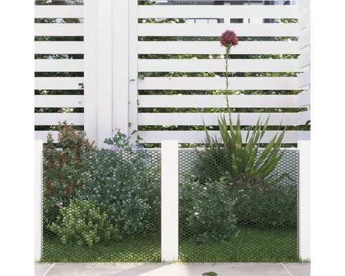 Trädgårdsscen med insynsskydd, plantering och gräsmatta