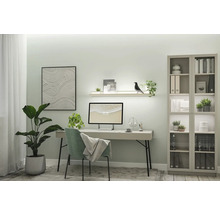 Ljust arbetsrum med skrivbord, dator, hylla och dekorationer