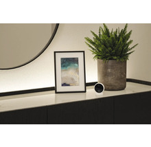 Interiör med övervakningskamera, inramad bild och krukväxt på en byrå