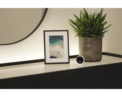 Interiör med övervakningskamera, inramad bild och krukväxt på en byrå