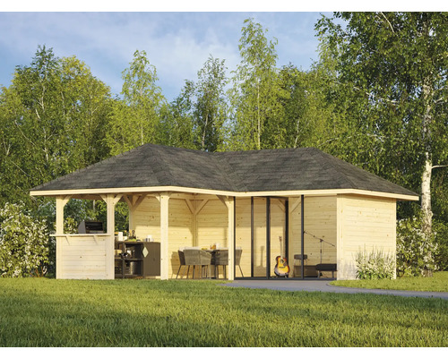 Trädgårdspaviljong i trä med grill, matbord och gitarr