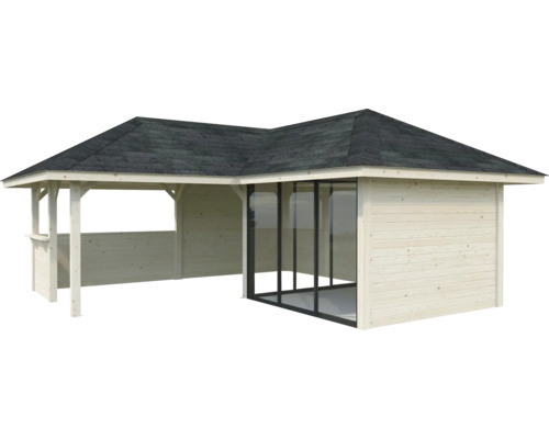 Trädgårdshus i trä med takpapp och glaselement